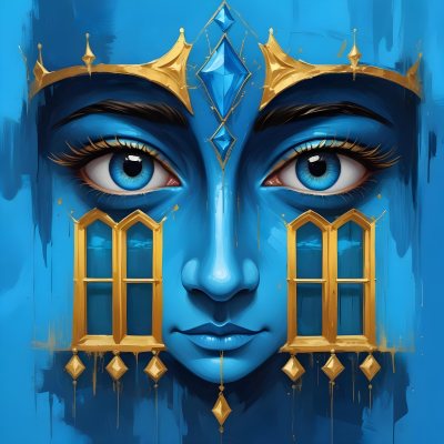 Digital Painting Blue Face With Blue Eyes And Golden Crown Windows As Nose Blue Background Bold And Slim Lines Brush Strokes 40 Eb0a