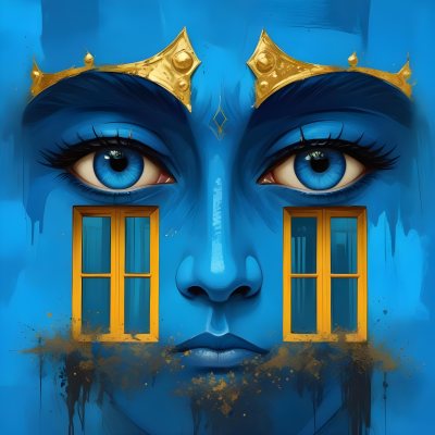 Digital Painting Blue Face With Blue Eyes And Golden Crown Windows As Nose Blue Background Bold And Slim Lines Brush Strokes 5 D651
