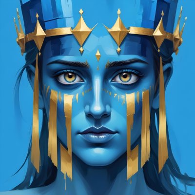 Digital Painting Blue Face With Blue Eyes And Golden Crown Windows As Nose Blue Background Bold And Slim Lines Brush Strokes 9 1a1f