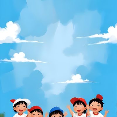Digital Painting Four Asian Kids With White And Red Hats And Blue T Shirts In A Red Sky With White Clouds Bold And Slim Lines Brush Strokes 7 158c