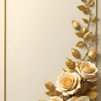 Oil Painting Roses With Yellow Leaves And Stems Light Yellow Background With A Golden Frame On The Left Side Soft Colors Elegant Design Romantic Theme Creative Extremely Detailed Brush Stroke 15 0fea