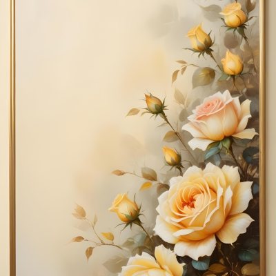 Oil Painting Roses With Yellow Leaves And Stems Light Yellow Background With A Golden Frame On The Left Side Soft Colors Elegant Design Romantic Theme Creative Extremely Detailed Brush Stroke 20 D882