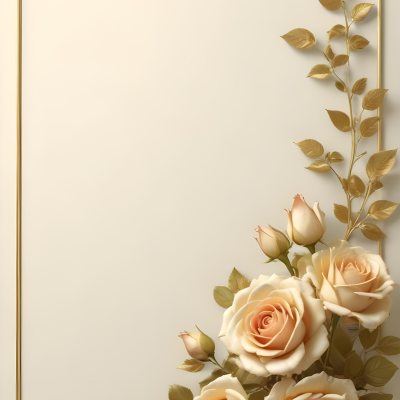 Oil Painting Roses With Yellow Leaves And Stems Light Yellow Background With A Golden Frame On The Left Side Soft Colors Elegant Design Romantic Theme Creative Extremely Detailed Brush Stroke 23 66e3
