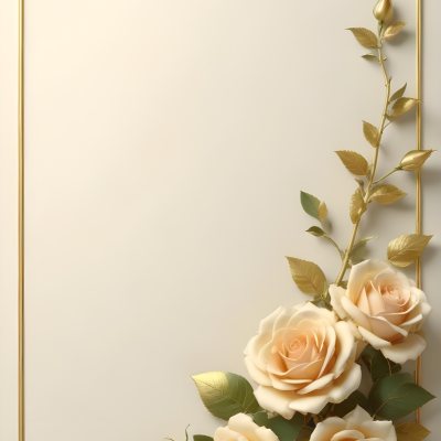 Oil Painting Roses With Yellow Leaves And Stems Light Yellow Background With A Golden Frame On The Left Side Soft Colors Elegant Design Romantic Theme Creative Extremely Detailed Brush Stroke 37 7fcb