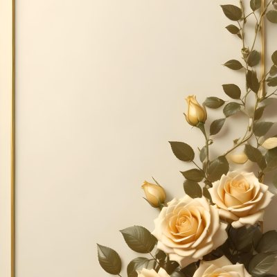 Oil Painting Roses With Yellow Leaves And Stems Light Yellow Background With A Golden Frame On The Left Side Soft Colors Elegant Design Romantic Theme Creative Extremely Detailed Brush Stroke 39 B6b4