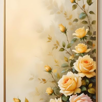 Oil Painting Roses With Yellow Leaves And Stems Light Yellow Background With A Golden Frame On The Left Side Soft Colors Elegant Design Romantic Theme Creative Extremely Detailed Brush Stroke 40 9259