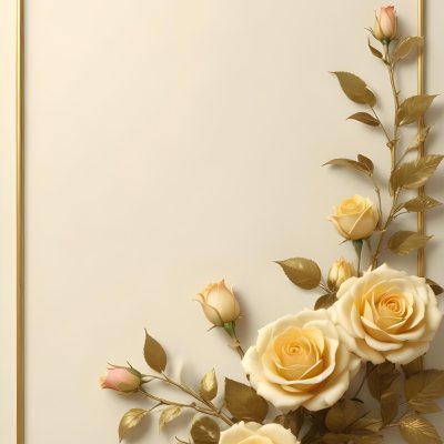 Oil Painting Roses With Yellow Leaves And Stems Light Yellow Background With A Golden Frame On The Left Side Soft Colors Elegant Design Romantic Theme Creative Extremely Detailed Brush Stroke 43 F251