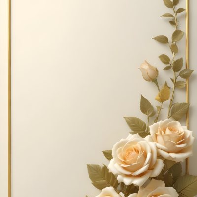 Oil Painting Roses With Yellow Leaves And Stems Light Yellow Background With A Golden Frame On The Left Side Soft Colors Elegant Design Romantic Theme Creative Extremely Detailed Brush Stroke 45 A262