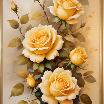 Oil Painting Roses With Yellow Leaves And Stems Light Yellow Background With A Golden Frame On The Left Side Soft Colors Elegant Design Romantic Theme Creative Extremely Detailed Brush Stroke 46 41f8