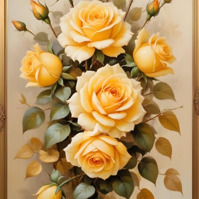 Oil Painting Roses With Yellow Leaves And Stems Light Yellow Background With A Golden Frame On The Left Side Soft Colors Elegant Design Romantic Theme Creative Extremely Detailed Brush Stroke 47 8d22