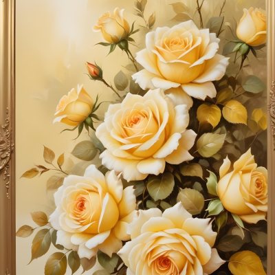 Oil Painting Roses With Yellow Leaves And Stems Light Yellow Background With A Golden Frame On The Left Side Soft Colors Elegant Design Romantic Theme Creative Extremely Detailed Brush Stroke 49 E202