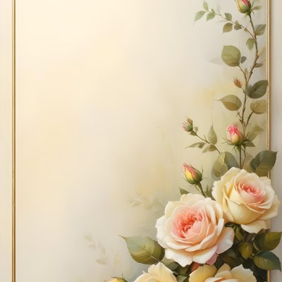 Oil Painting Roses With Yellow Leaves And Stems Light Yellow Background With A Golden Frame On The Left Side Soft Colors Elegant Design Romantic Theme Creative Extremely Detailed Brush Stroke 6 Dfe1