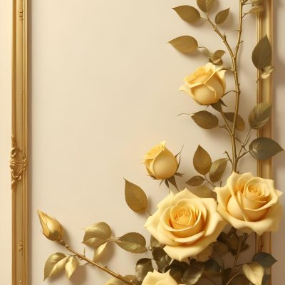Oil Painting Roses With Yellow Leaves And Stems Light Yellow Background With A Golden Frame On The Left Side Soft Colors Elegant Design Romantic Theme Creative Extremely Detailed Brush Stroke 9 Ceed