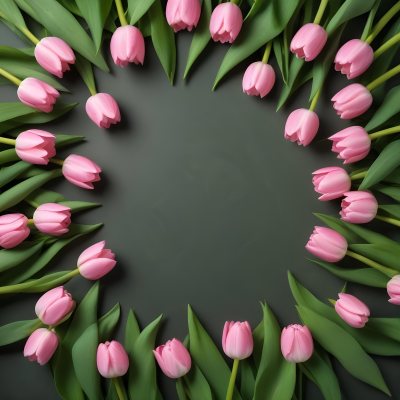 Pink Tulips Arranged In A Circular Frame On A Gray Background 1 663f