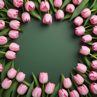 Pink Tulips Arranged In A Circular Frame On A Gray Background 5 D6ff
