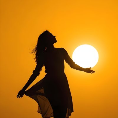 Silhouette Of A Caucasian Woman 22 Years Old Holding The Sun With Her Right Hand In A Yellow Background 10 9ae0