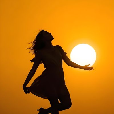 Silhouette Of A Caucasian Woman 22 Years Old Holding The Sun With Her Right Hand In A Yellow Background 11 7cda