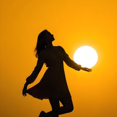 Silhouette Of A Caucasian Woman 22 Years Old Holding The Sun With Her Right Hand In A Yellow Background 12 7abd