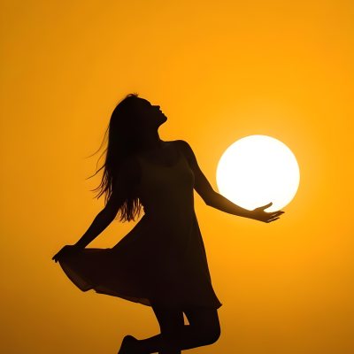Silhouette Of A Caucasian Woman 22 Years Old Holding The Sun With Her Right Hand In A Yellow Background 13 731f