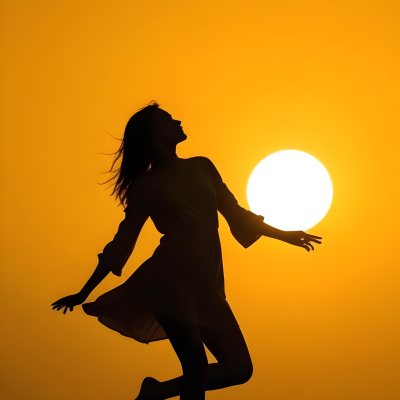 Silhouette Of A Caucasian Woman 22 Years Old Holding The Sun With Her Right Hand In A Yellow Background 15 E4c8