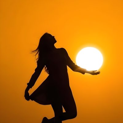 Silhouette Of A Caucasian Woman 22 Years Old Holding The Sun With Her Right Hand In A Yellow Background 4 D918
