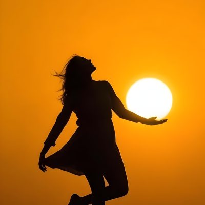 Silhouette Of A Caucasian Woman 22 Years Old Holding The Sun With Her Right Hand In A Yellow Background 5 8813