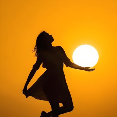 Silhouette Of A Caucasian Woman 22 Years Old Holding The Sun With Her Right Hand In A Yellow Background 6 Ab88