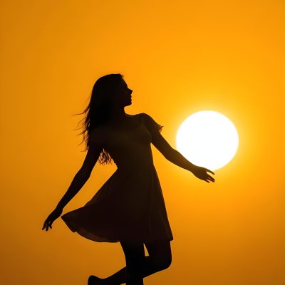 Silhouette Of A Caucasian Woman 22 Years Old Holding The Sun With Her Right Hand In A Yellow Background 7 0cd3