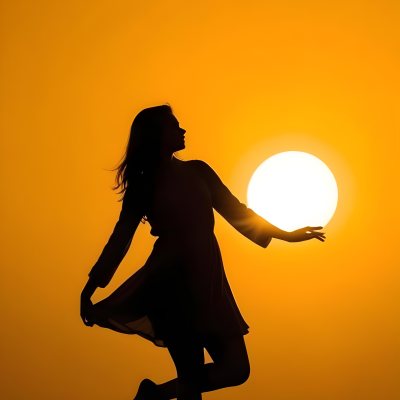 Silhouette Of A Caucasian Woman 22 Years Old Holding The Sun With Her Right Hand In A Yellow Background 8 9703