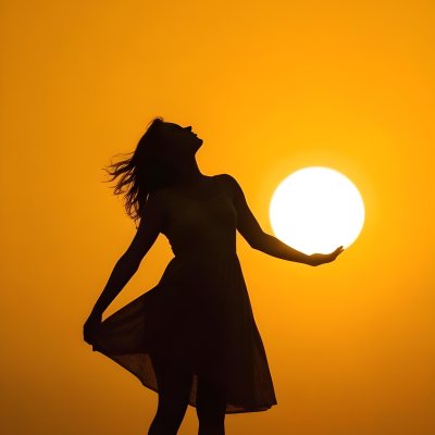 Silhouette Of A Caucasian Woman 22 Years Old Holding The Sun With Her Right Hand In A Yellow Background 9 0919