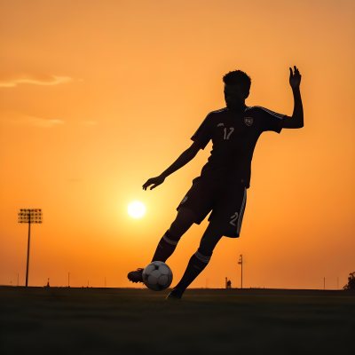 Silhouette Of A Soccer Player Kicking A Ball Dark Skin 25 Years Old Short Dark Hair Soccer Uniform In A Soccer Field With A Sunset In The Background 1 5bbc