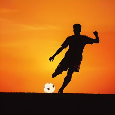 Silhouette Of A Soccer Player Kicking A Ball Dark Skin 25 Years Old Short Dark Hair Soccer Uniform In A Soccer Field With A Sunset In The Background 11 08ce