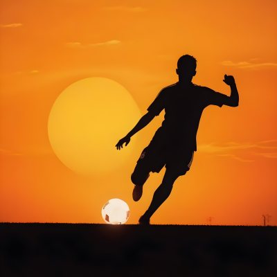 Silhouette Of A Soccer Player Kicking A Ball Dark Skin 25 Years Old Short Dark Hair Soccer Uniform In A Soccer Field With A Sunset In The Background 12 169a