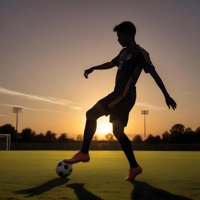 Silhouette Of A Soccer Player Kicking A Ball Dark Skin 25 Years Old Short Dark Hair Soccer Uniform In A Soccer Field With A Sunset In The Background 3 9197