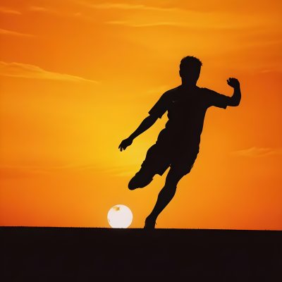 Silhouette Of A Soccer Player Kicking A Ball Dark Skin 25 Years Old Short Dark Hair Soccer Uniform In A Soccer Field With A Sunset In The Background 8 6a47