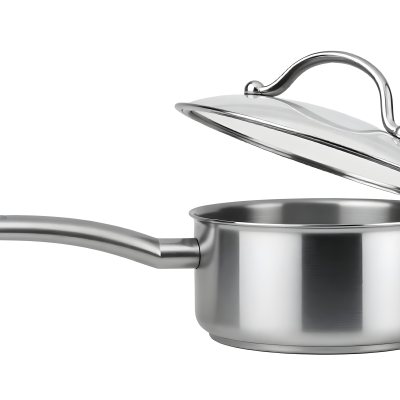 Stainless Steel Saucepan With A Long Handle And A Glass Lid Slightly Open In A White Background 12 338f