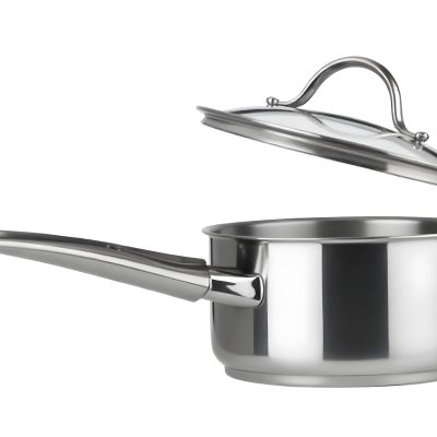 Stainless Steel Saucepan With A Long Handle And A Glass Lid Slightly Open In A White Background 13 C601