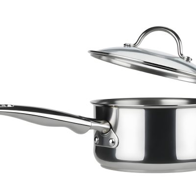 Stainless Steel Saucepan With A Long Handle And A Glass Lid Slightly Open In A White Background 14 5796