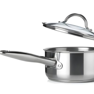 Stainless Steel Saucepan With A Long Handle And A Glass Lid Slightly Open In A White Background 17 6cdf