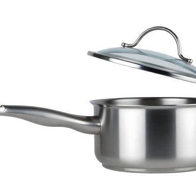 Stainless Steel Saucepan With A Long Handle And A Glass Lid Slightly Open In A White Background 2 5abe