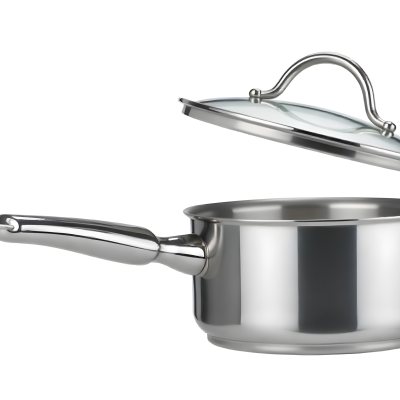 Stainless Steel Saucepan With A Long Handle And A Glass Lid Slightly Open In A White Background 3 3e38