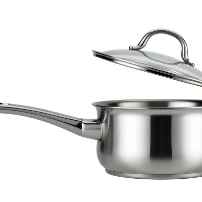 Stainless Steel Saucepan With A Long Handle And A Glass Lid Slightly Open In A White Background 5 C710