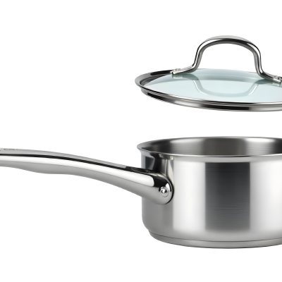 Stainless Steel Saucepan With A Long Handle And A Glass Lid Slightly Open In A White Background 6 F4b8