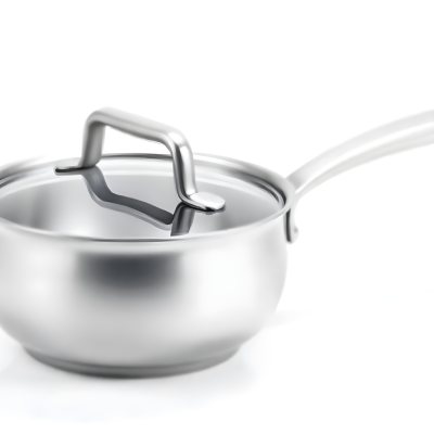 Stainless Steel Saucepan With A Long Handle And A Glass Lid Slightly Open In A White Background 7 83d4
