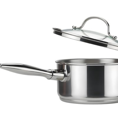 Stainless Steel Saucepan With A Long Handle And A Glass Lid Slightly Open In A White Background 8 0287