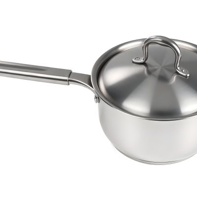 Stainless Steel Saucepan With Lid And Handle Placed On A White Background Kitchenware Cooking Equipment Metal Material Simple Design Clean And Modern 12 A203