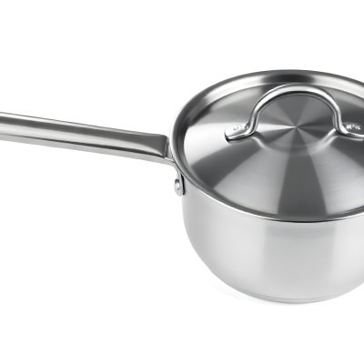 Stainless Steel Saucepan With Lid And Handle Placed On A White Background Kitchenware Cooking Equipment Metal Material Simple Design Clean And Modern 18 0944