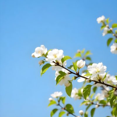 White Cherry Blossoms On A Branch Against A Clear Blue Sky 3 Accb