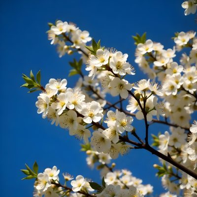 White Cherry Blossoms On A Branch Against A Clear Blue Sky 4 Baa3
