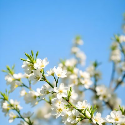 White Cherry Blossoms On A Branch Against A Clear Blue Sky 6 4854